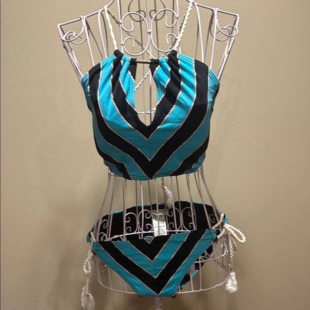 Michael Kors Rope Turquoise and Black Halter Bikini Top and bottoms! So gorgeous